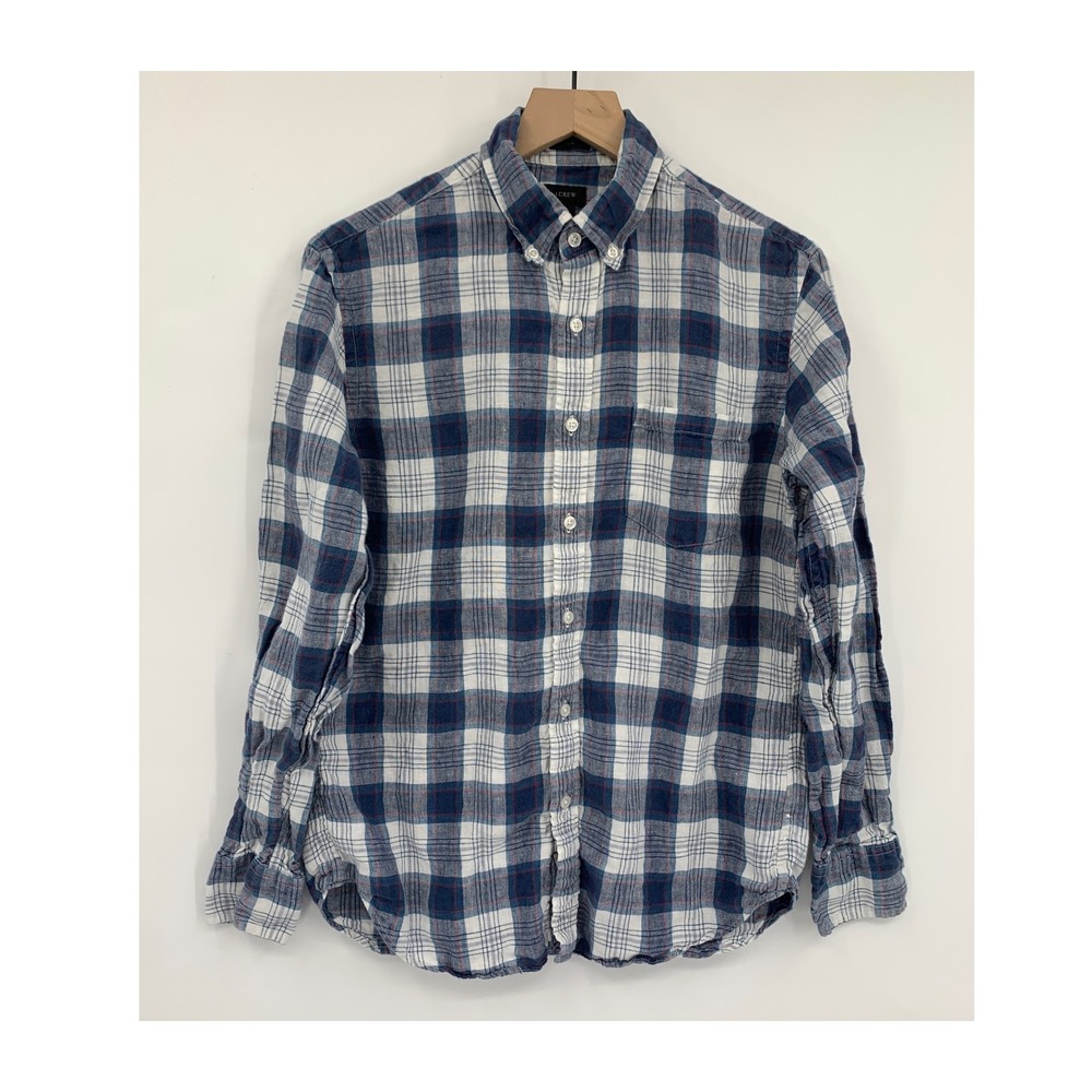 J Crew Linen Shirt Mens Medium Blue Plaid Baird McNutt Irish Linen Slim Fit